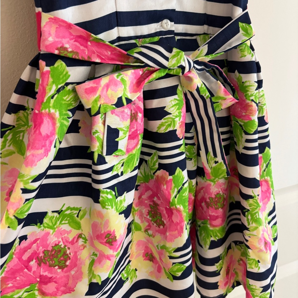 Jona Michelle Navy Striped Floral Sleeveless Lined Party Dress, Girls Size 7 - Picture 11 of 12